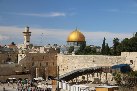 Jerusalem, Israel - May 16, 2018: View of the Wailing Wall and Dome of the Rock in Jerusalem, Israel.