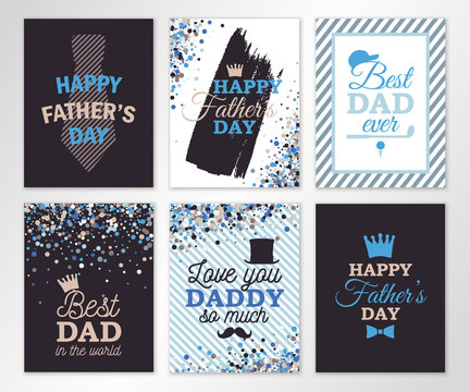 Happy Fathers day greeting cards set of six. Vector banners. All isolated and layered