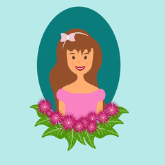 vector girl young woman in pink dress with a frame of flowers