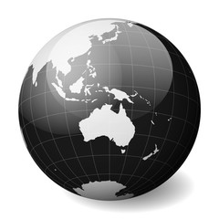 Black Earth globe focused on Australia. With thin white meridians and parallels. 3D glossy sphere vector illustration.
