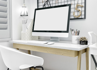 3d render of workspace mockup with computer. - obrazy, fototapety, plakaty