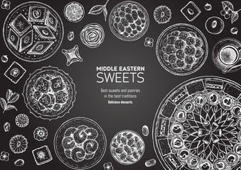 Oriental sweets vector illustration. Middle eastern food, hand drawn sketch. Linear graphic. Food menu background.