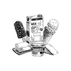 Beautiful vector hand drawn dairy products illustration.