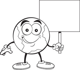 Black and white illustration of the earth smiling while holding a sign.