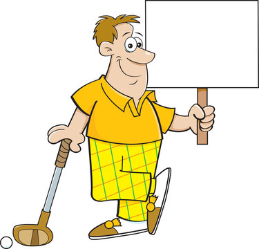 Cartoon illustration of a golfer holding a sign while leaning on a golf club.
