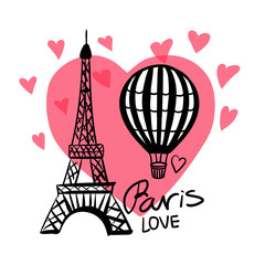 Fototapeta na wymiar Vector hand draw Air Balloon and Paris Eiffel Tower isolated on pink heart