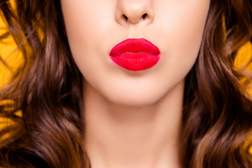 Close up half face portrait of woman blowing sending kiss with pout red lips, surgery plastic operation tightening lifting perfection wellness wellbeing concept