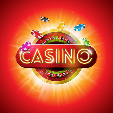 Casino Illustration with shiny neon light letter and roulette wheel on red background. Vector gambling design for party poster, greeting card, invitation or promo banner.