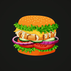 Chicken burger icon. Grilled chicken patty, lettuce, cheese, white mayonnaise sauce, cucumber, onion and tomato an a dark background.