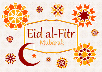 Vector illustration of text, the inscription eid al fitr Mubarak. For Feast of Breaking the Fast. Banner, greeting card with Islamic geometric patterns, moon, star, lantern, frame.