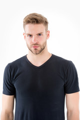 Fototapeta premium Man in casual tshirt isolated on white. Guy with beard on unshaven face. Bearded man with blond hair. Hair care in barber salon or barbershop. Fashion style and tr backgroundend