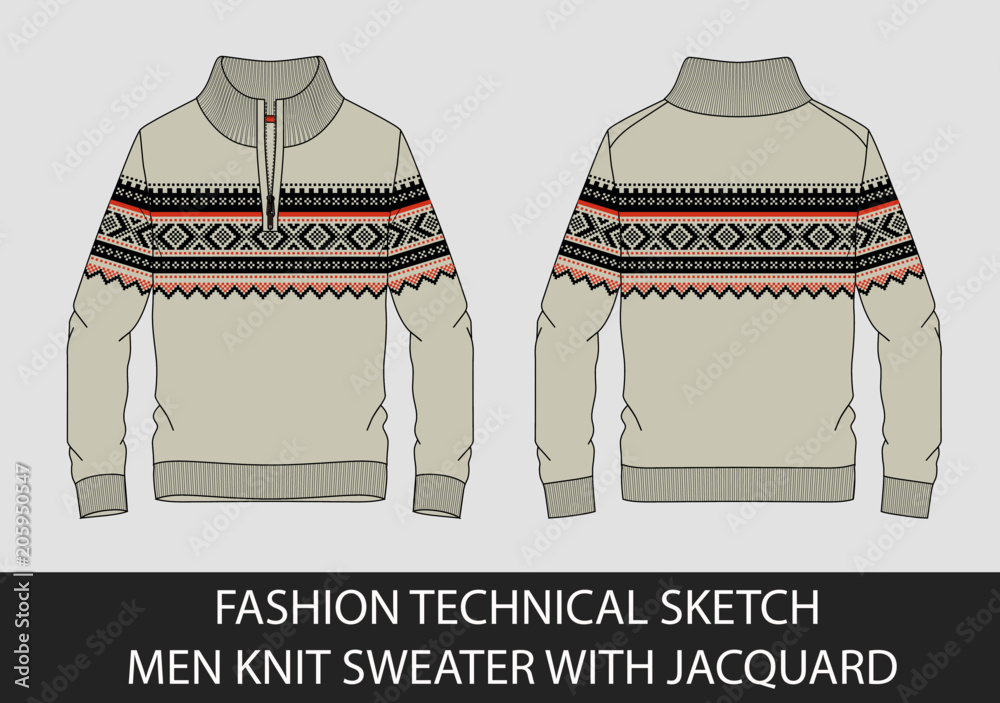 Wall mural Fashion technical sketch men knit sweater with jacquard in vector graphic