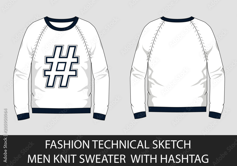 Wall mural Fashion technical sketch men Knit Sweater with hashtag in vector graphic - Wall murals