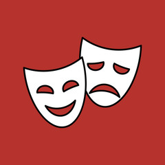 Theater masks, vector linear icon on red background.