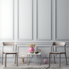 Mock up poster frame in interior background and classic wall, 3D illustration