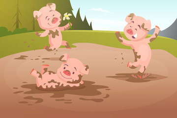 Obraz na płótnie Canvas Kids pigs playing in dirty puddle