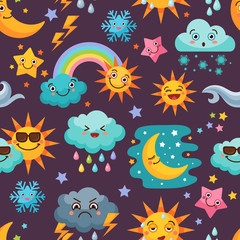 Fototapeta na wymiar Various funny weather icons set. Cartoon seamless pattern