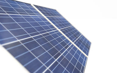 Solar power generation technology, alternative energy and environment protection ecology business concept: 3D render of solar panel modules.
