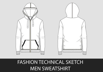 Technical sketch of man hooded sweatshirt in vector graphic