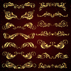 Vector set of calligraphic elements for design and page decoration in gold