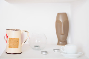 art decor white design objects, pitcher, vase, Cup, candles