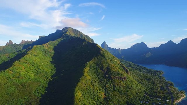 Aerial view of Mount Rotui, lush green jungle, picturesque hills, mountains, valleys and bays - Moorea island, South Pacific Ocean, French Polynesia landscape from above, 4k