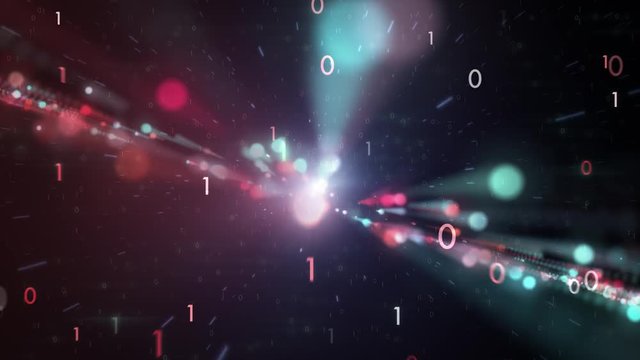 Artistic blurred binary numbers background with colorful moving and flicker particles. 