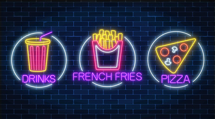 Set of three neon glowing signs of french fries, piece of pizza and soda drink in circle frames.