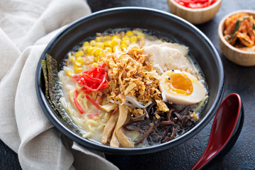 Spicy ramen bowl with noodles and chicken