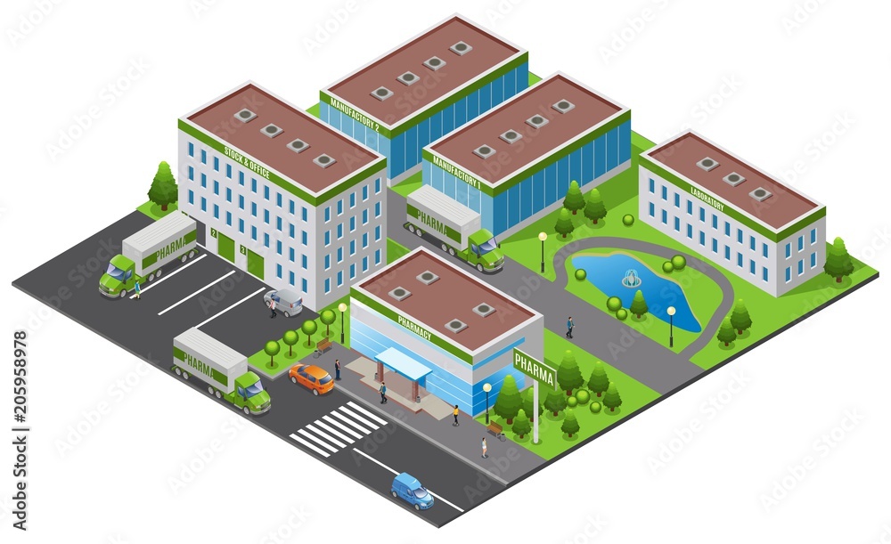 Poster isometric pharmaceutical plant concept