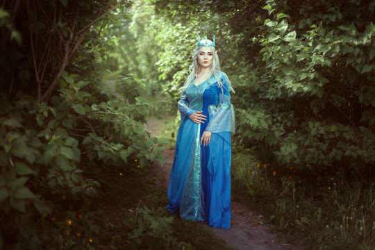 Beautiful elf woman in a blue dress standing in the fairy forest.