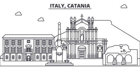 Italy, Catania line skyline vector illustration. Italy, Catania linear cityscape with famous landmarks, city sights, vector design landscape.  - obrazy, fototapety, plakaty