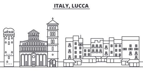 Italy, Lucca line skyline vector illustration. Italy, Lucca linear cityscape with famous landmarks, city sights, vector design landscape.  - obrazy, fototapety, plakaty
