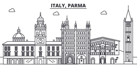Italy, Parma line skyline vector illustration. Italy, Parma linear cityscape with famous landmarks, city sights, vector design landscape.  - obrazy, fototapety, plakaty