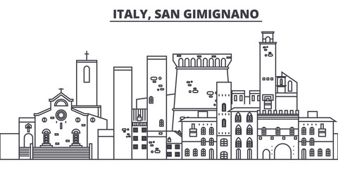 Italy, San Gimignano line skyline vector illustration. Italy, San Gimignano linear cityscape with famous landmarks, city sights, vector design landscape.  - obrazy, fototapety, plakaty
