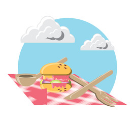 picnic design with tablecloth with hamburger over white background, vector illustration