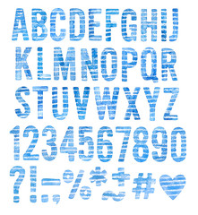 Decorative sketchy water color alphabet set collection. Blue striped letters, numbers, punctuation marks, math symbols. Hand drawn paint on white background, cut out. Cheerful, cute, lovely, positive.