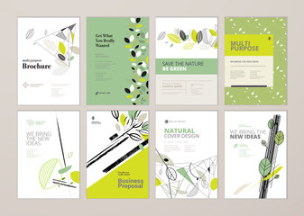 Set of brochure and annual report cover design templates on the subject of nature, environment and organic products. Vector illustrations for flyer layout, marketing material, magazines, presentations - obrazy, fototapety, plakaty