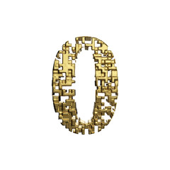 Alphabet number 0. Golden font made of yellow metallic shapes. 3D render isolated on white background.