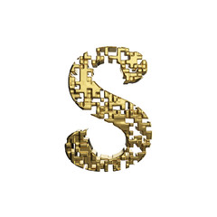 Alphabet letter S uppercase. Golden font made of yellow metallic shapes. 3D render isolated on white background.