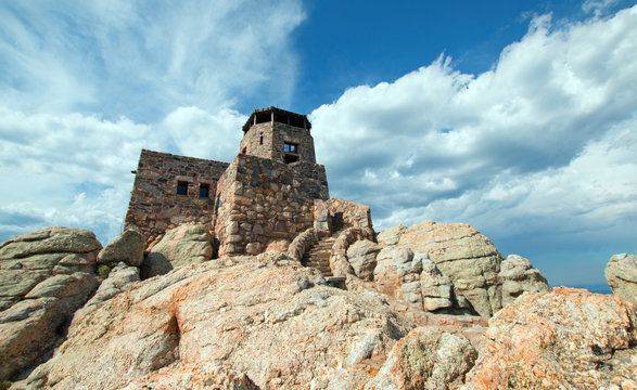 Black Elk Peak (formerly Harney Peak) Fire Lookout Tower in Custer State Park in the Black Hills of South Dakota USA