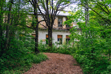 Obraz premium Old ruined abandoned overgrown school