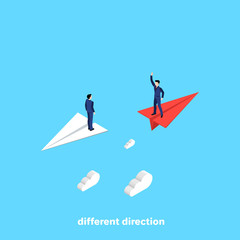 red paper airplane flies in the opposite direction from a group of other airplanes, isometric image