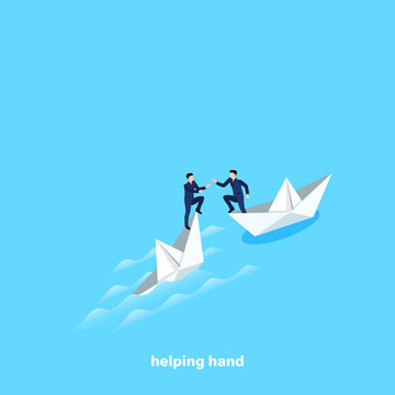 a man in a business suit saves another man from a sinking paper boat, an isometric image