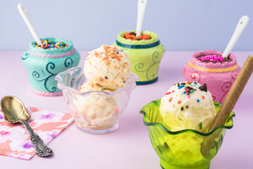 Assorted ice cream and topping for ice cream.