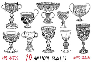 Vintage collection with ten antique goblets. Hand drawn doodle engraved illustration with graphic drawings - obrazy, fototapety, plakaty
