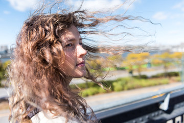 NYC in highline, high line, urban with people tourists woman walking in Chelsea West Side by Hudson...