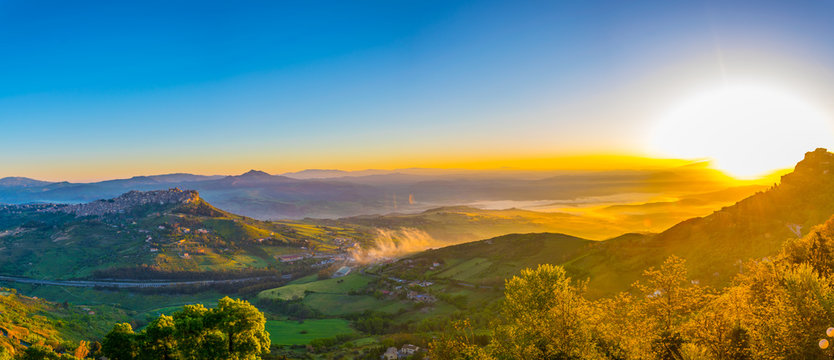 Sunsrise view of Calascibetta village in central Sicily, Italy.