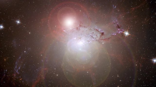 Space flight to Perseus galaxy, 3D animation with magnetic storm moving stars and cluster burst rotating galaxy. Contains public domain image by NASA
