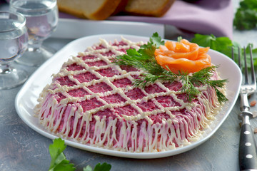 Russian snack. Herring under fur coat